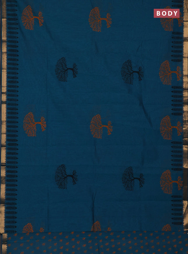 Mangalagiri cotton block printed saree peacock green with tree butta prints and mangalgiri border