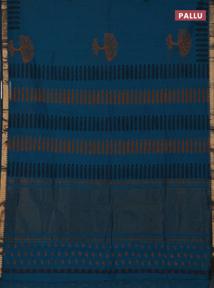 Mangalagiri cotton block printed saree peacock green with tree butta prints and mangalgiri border