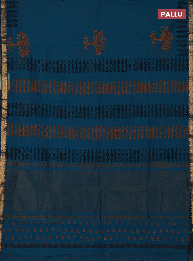 Mangalagiri cotton block printed saree peacock green with tree butta prints and mangalgiri border