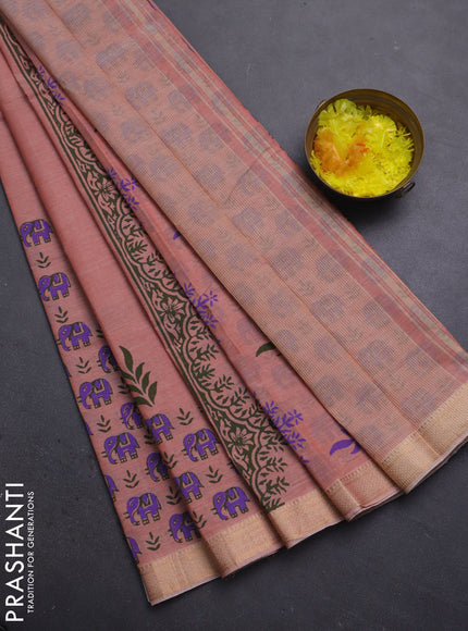 Mangalagiri cotton block printed saree pale orange with elephant butta prints and mangalgiri border