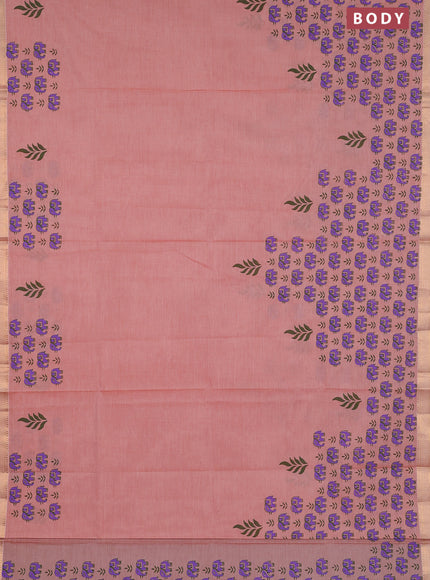 Mangalagiri cotton block printed saree pale orange with elephant butta prints and mangalgiri border