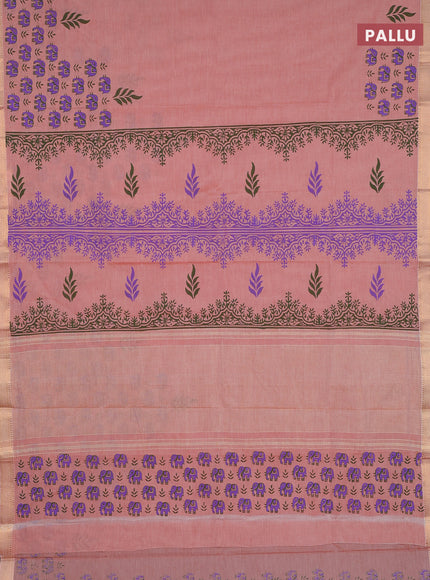 Mangalagiri cotton block printed saree pale orange with elephant butta prints and mangalgiri border