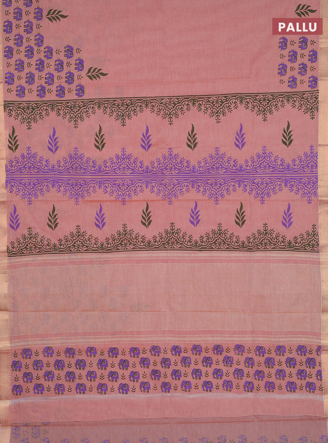 Mangalagiri cotton block printed saree pale orange with elephant butta prints and mangalgiri border