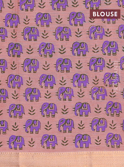 Mangalagiri cotton block printed saree pale orange with elephant butta prints and mangalgiri border