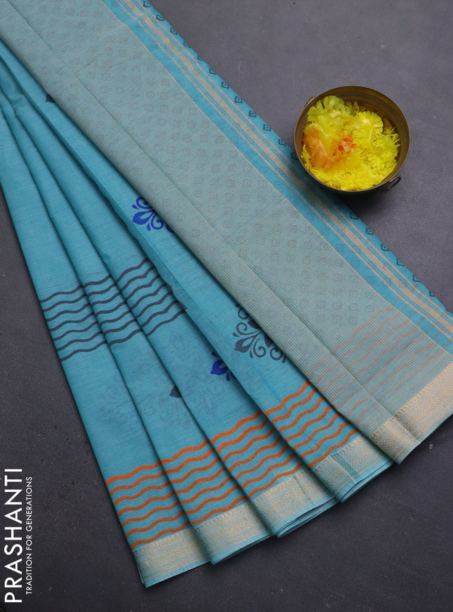 Mangalagiri cotton block printed saree teal blue with butta prints and mangalgiri border