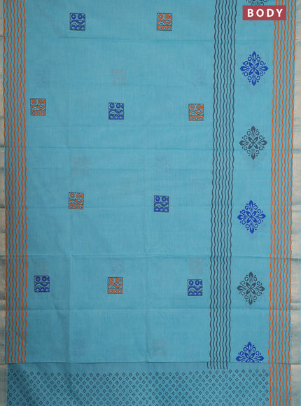 Mangalagiri cotton block printed saree teal blue with butta prints and mangalgiri border