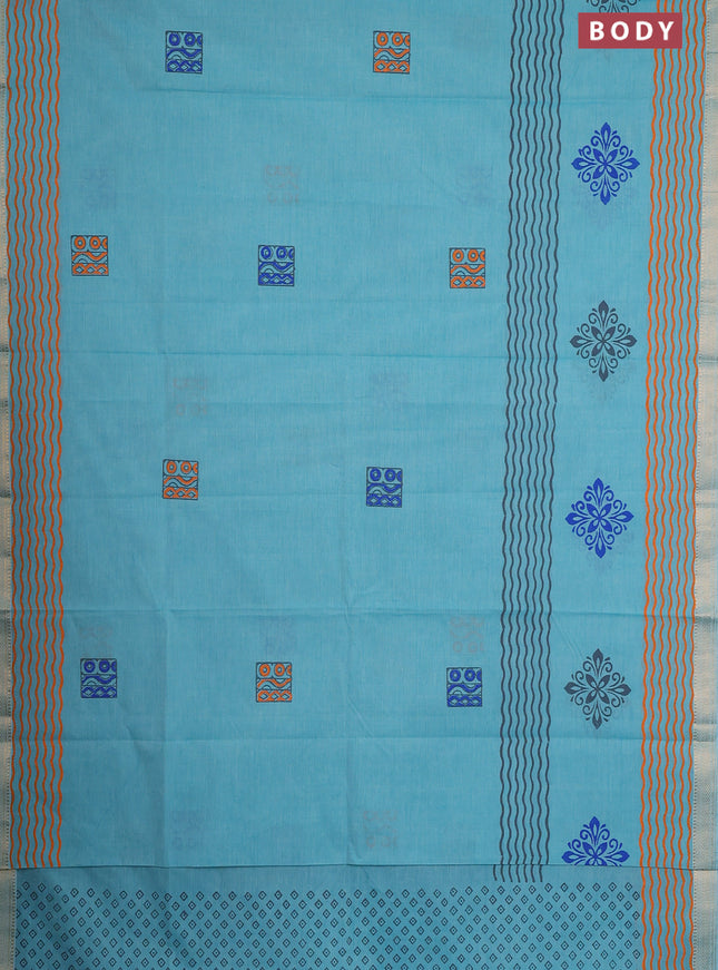 Mangalagiri cotton block printed saree teal blue with butta prints and mangalgiri border