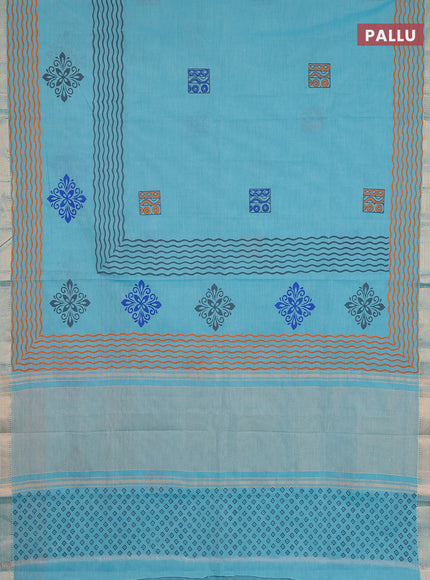Mangalagiri cotton block printed saree teal blue with butta prints and mangalgiri border