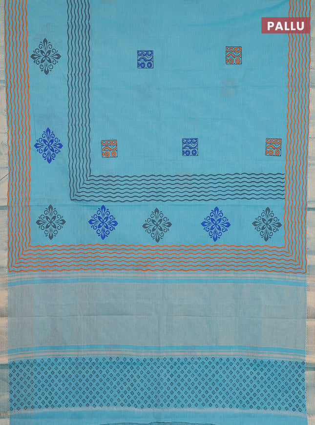 Mangalagiri cotton block printed saree teal blue with butta prints and mangalgiri border