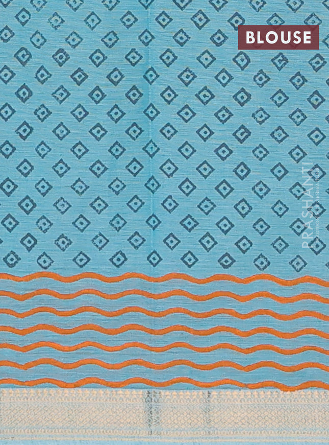 Mangalagiri cotton block printed saree teal blue with butta prints and mangalgiri border