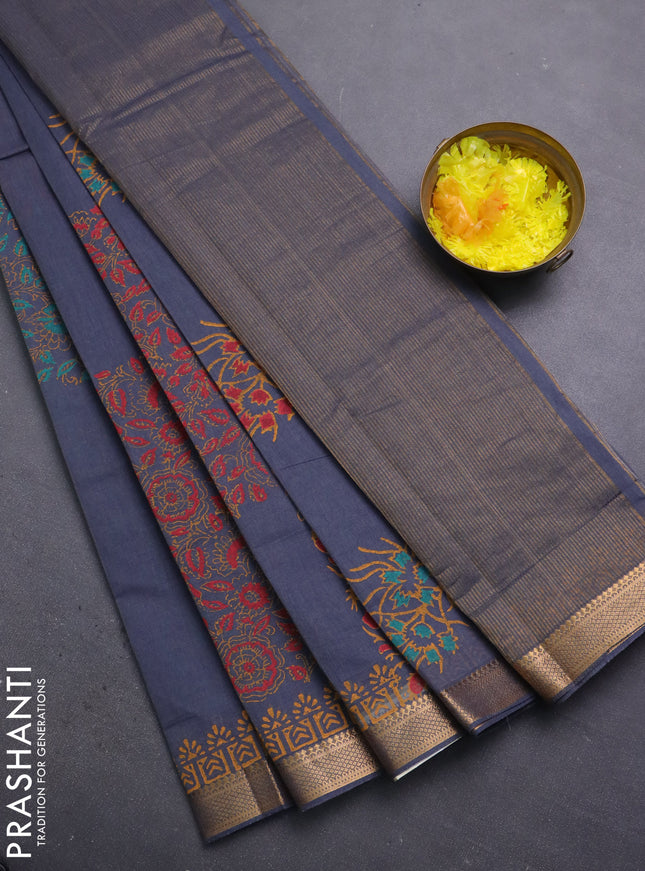 Mangalagiri cotton block printed saree grey with allover prints and mangalgiri border