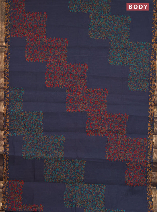Mangalagiri cotton block printed saree grey with allover prints and mangalgiri border