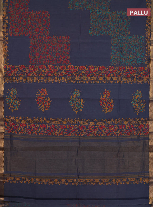 Mangalagiri cotton block printed saree grey with allover prints and mangalgiri border
