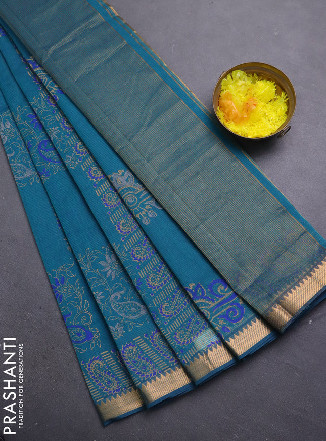Mangalagiri cotton block printed saree peacock green with prints and mangalgiri border