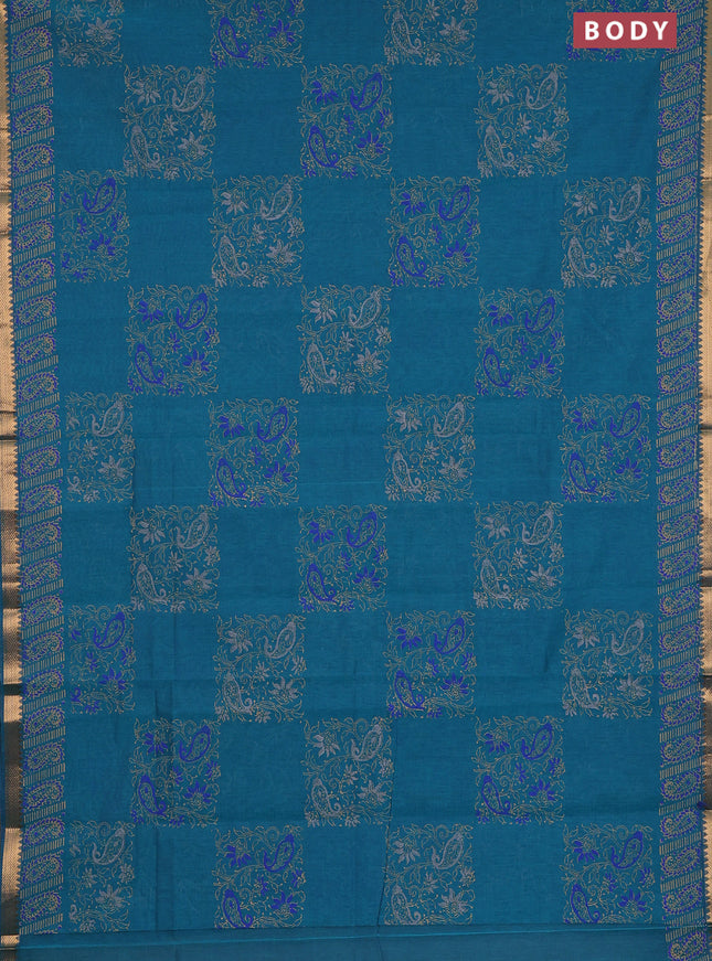 Mangalagiri cotton block printed saree peacock green with prints and mangalgiri border