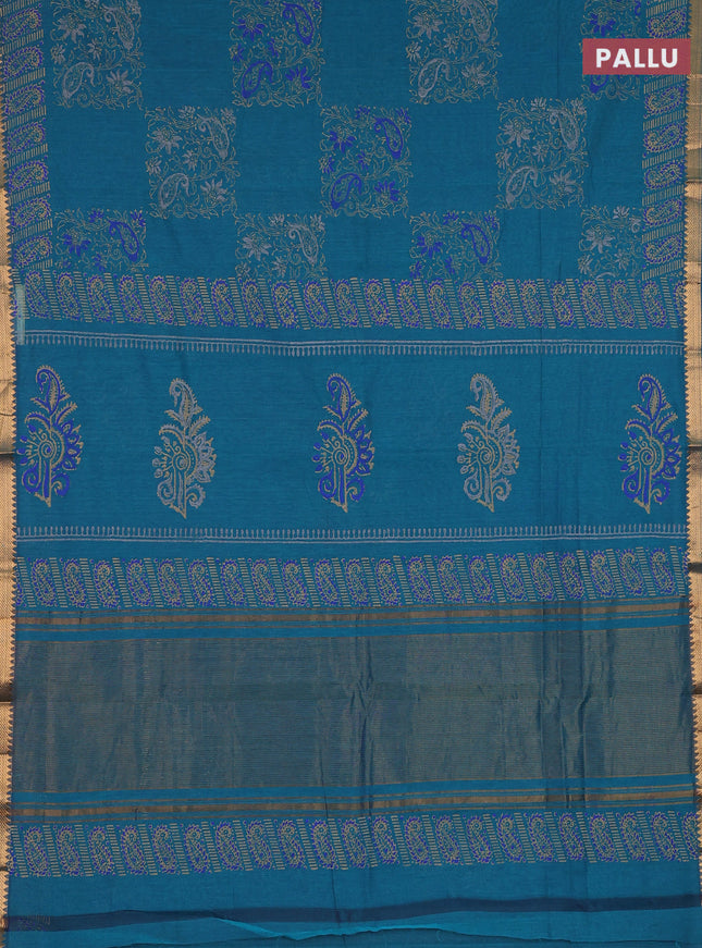 Mangalagiri cotton block printed saree peacock green with prints and mangalgiri border