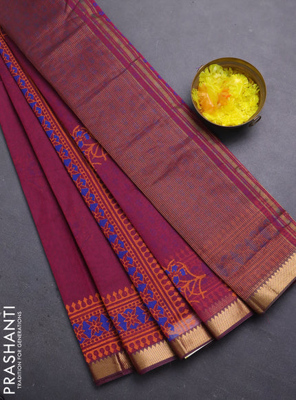 Mangalagiri cotton block printed saree magenta pink with floral butta prints and mangalgiri border