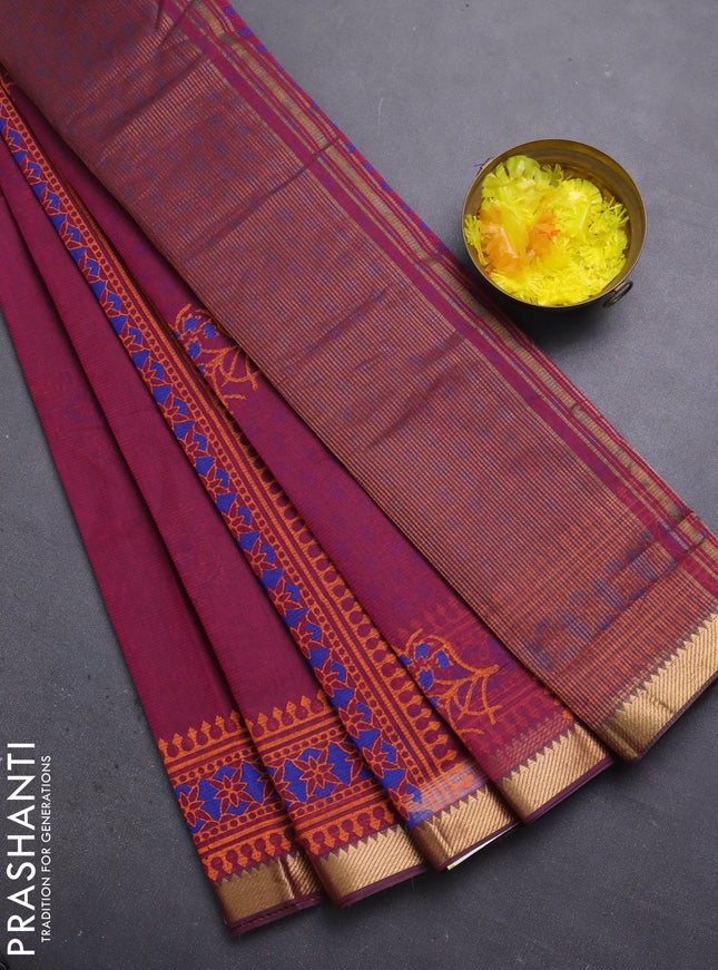 Mangalagiri cotton block printed saree magenta pink with floral butta prints and mangalgiri border