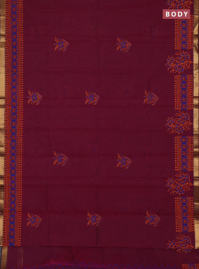 Mangalagiri cotton block printed saree magenta pink with floral butta prints and mangalgiri border