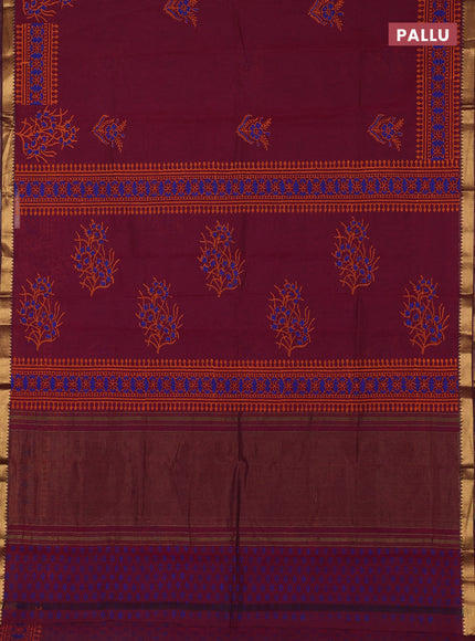 Mangalagiri cotton block printed saree magenta pink with floral butta prints and mangalgiri border
