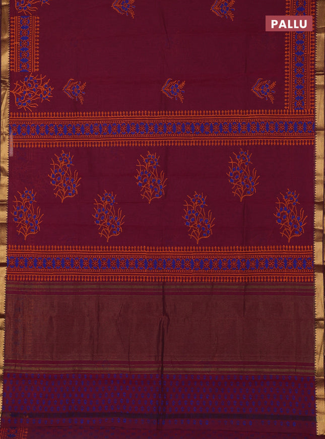 Mangalagiri cotton block printed saree magenta pink with floral butta prints and mangalgiri border