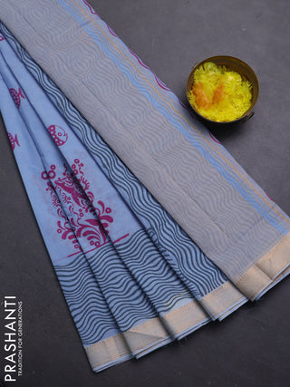 Mangalagiri cotton block printed saree pastel blue with butta prints and mangalgiri border