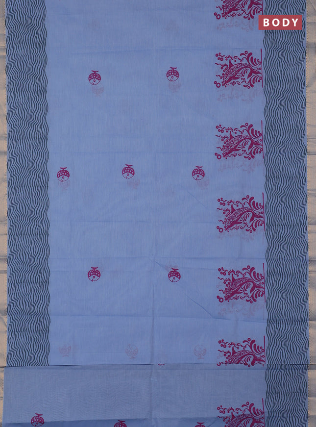 Mangalagiri cotton block printed saree pastel blue with butta prints and mangalgiri border