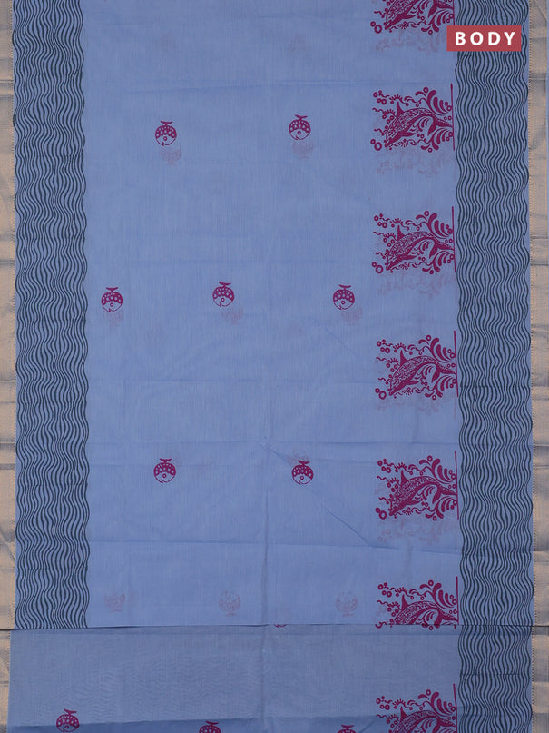 Mangalagiri cotton block printed saree pastel blue with butta prints and mangalgiri border