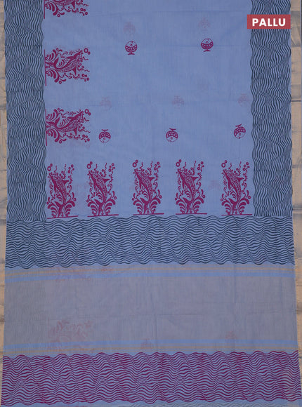 Mangalagiri cotton block printed saree pastel blue with butta prints and mangalgiri border