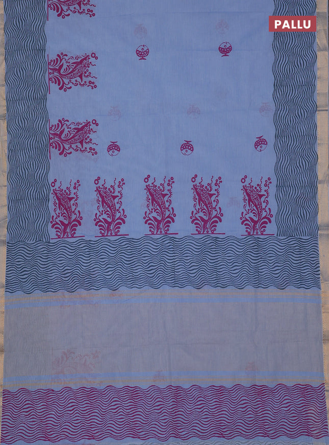 Mangalagiri cotton block printed saree pastel blue with butta prints and mangalgiri border