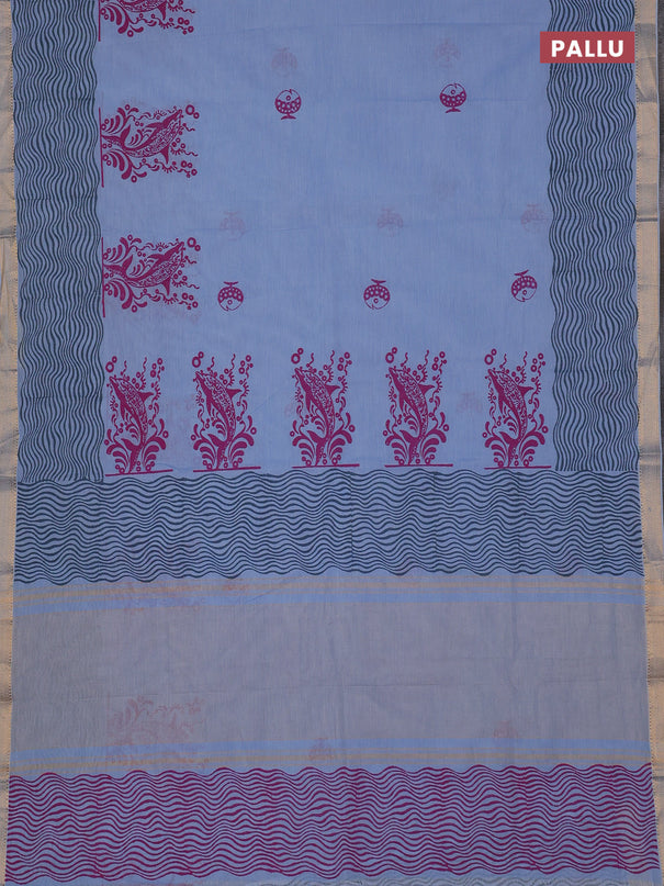 Mangalagiri cotton block printed saree pastel blue with butta prints and mangalgiri border