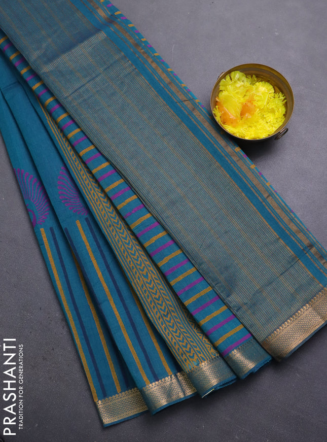 Mangalagiri cotton block printed saree peacock green with butta prints and mangalgiri border