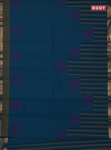 Mangalagiri cotton block printed saree peacock green with butta prints and mangalgiri border