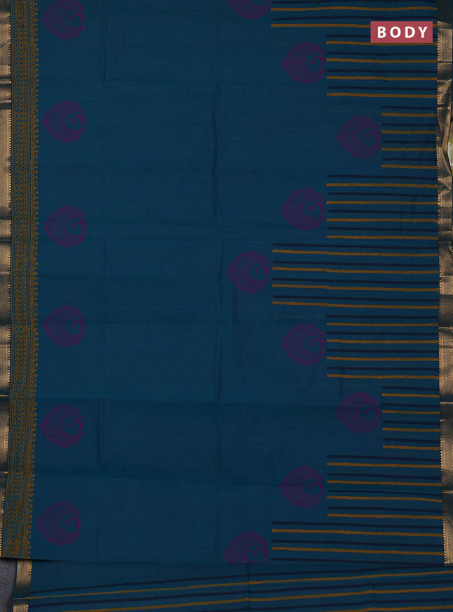 Mangalagiri cotton block printed saree peacock green with butta prints and mangalgiri border