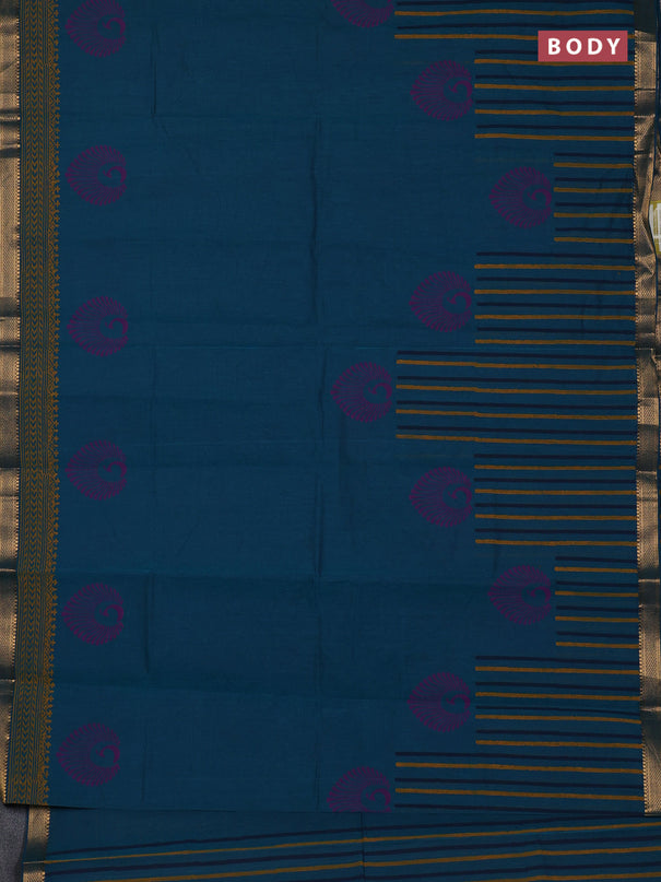 Mangalagiri cotton block printed saree peacock green with butta prints and mangalgiri border