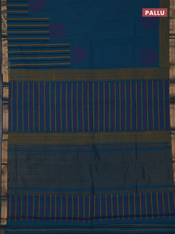 Mangalagiri cotton block printed saree peacock green with butta prints and mangalgiri border