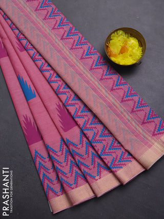 Mangalagiri cotton block printed saree light pink with temple butta prints and mangalgiri border