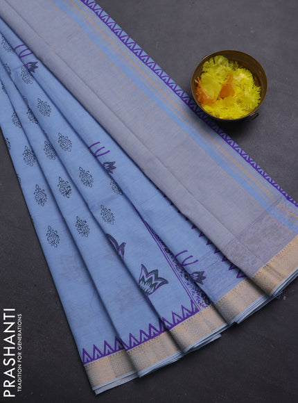 Mangalagiri cotton block printed saree pastel blue with butta prints and mangalgiri border