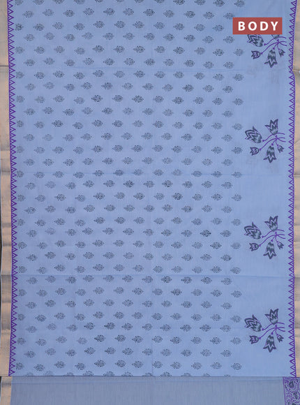 Mangalagiri cotton block printed saree pastel blue with butta prints and mangalgiri border