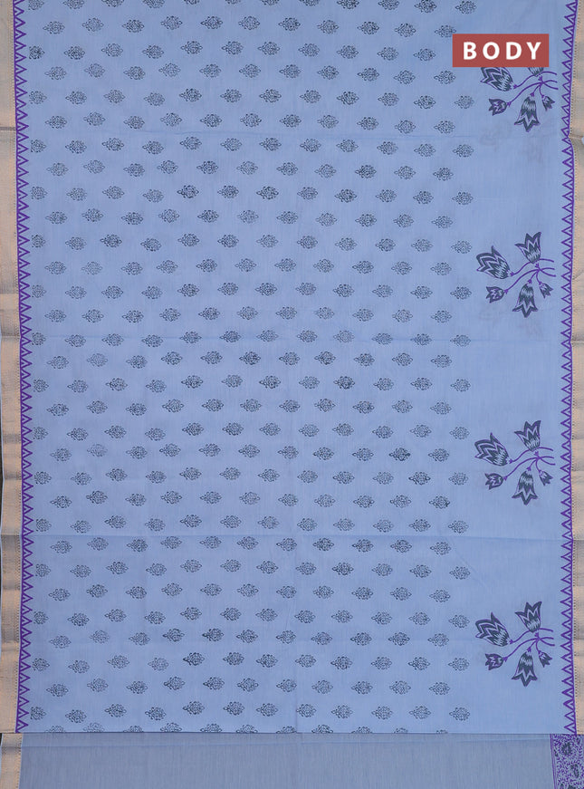 Mangalagiri cotton block printed saree pastel blue with butta prints and mangalgiri border