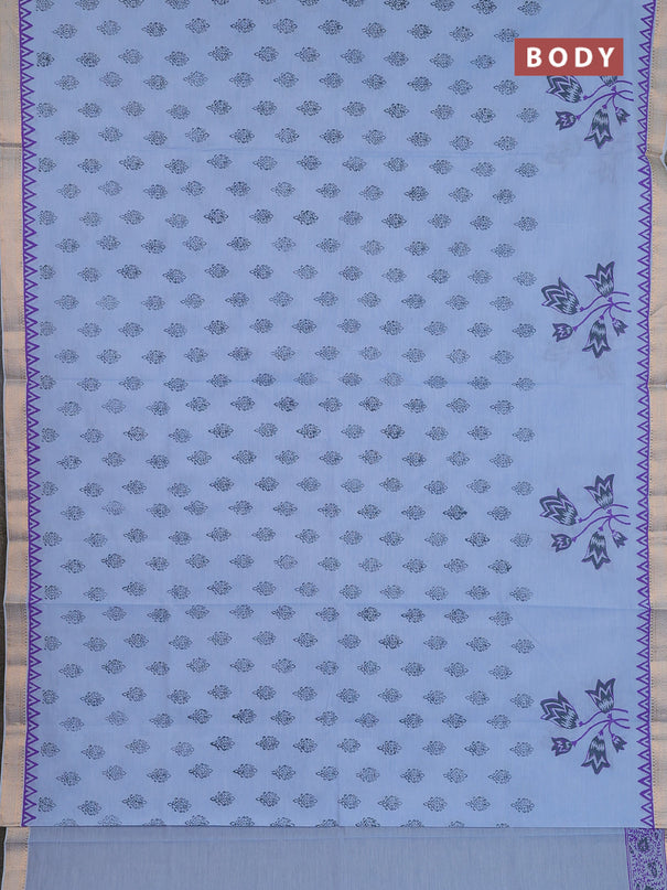 Mangalagiri cotton block printed saree pastel blue with butta prints and mangalgiri border