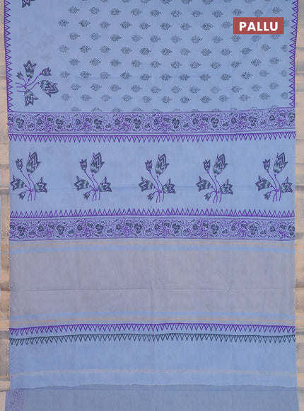 Mangalagiri cotton block printed saree pastel blue with butta prints and mangalgiri border