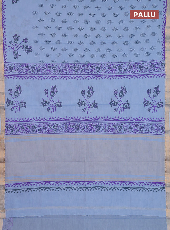 Mangalagiri cotton block printed saree pastel blue with butta prints and mangalgiri border