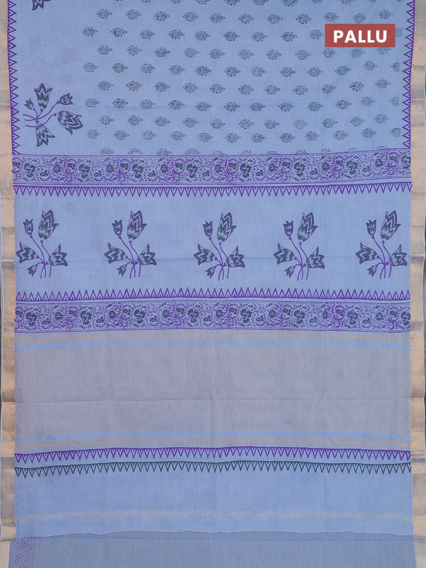 Mangalagiri cotton block printed saree pastel blue with butta prints and mangalgiri border