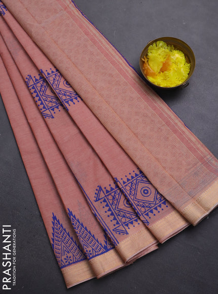 Mangalagiri cotton block printed saree pale orange with allover butta prints and mangalgiri border