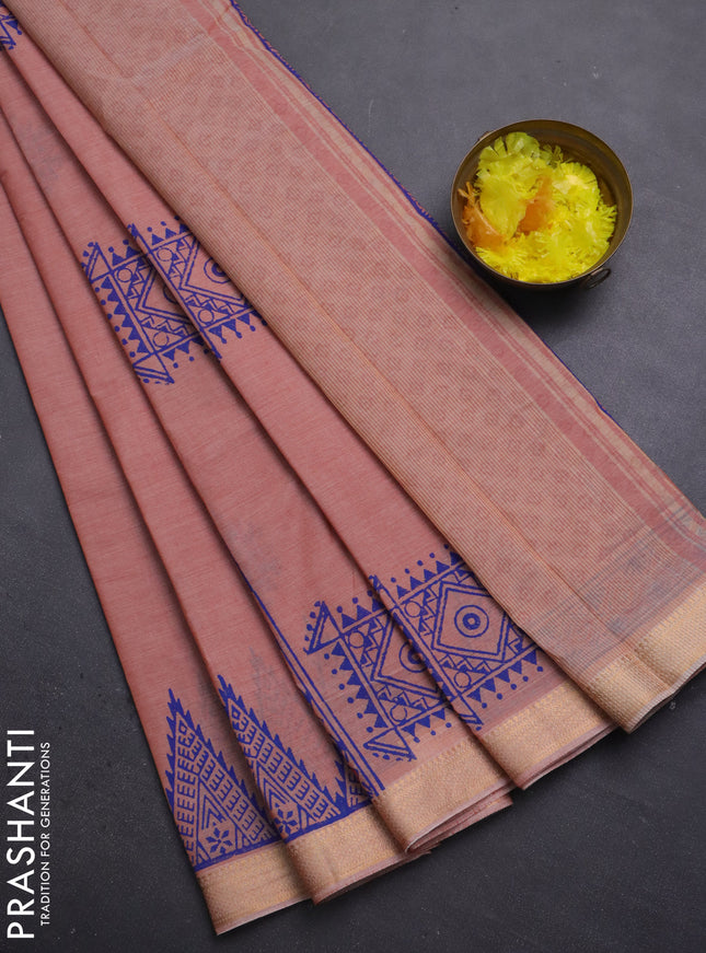 Mangalagiri cotton block printed saree pale orange with allover butta prints and mangalgiri border
