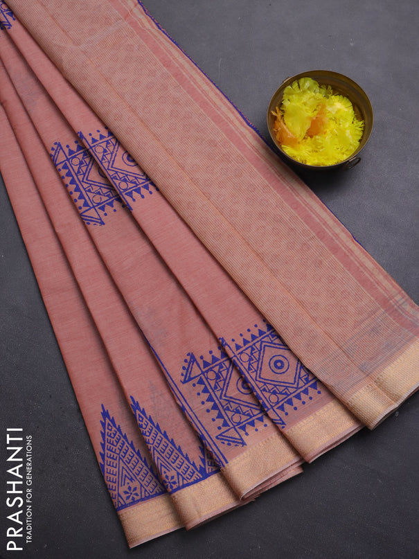 Mangalagiri cotton block printed saree pale orange with allover butta prints and mangalgiri border