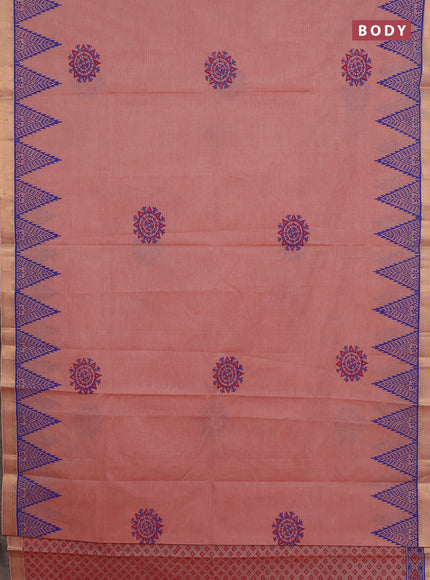 Mangalagiri cotton block printed saree pale orange with allover butta prints and mangalgiri border
