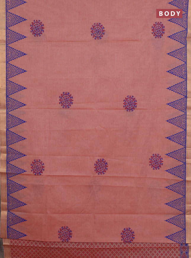 Mangalagiri cotton block printed saree pale orange with allover butta prints and mangalgiri border