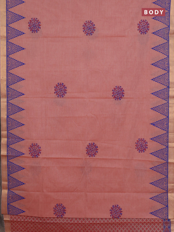 Mangalagiri cotton block printed saree pale orange with allover butta prints and mangalgiri border